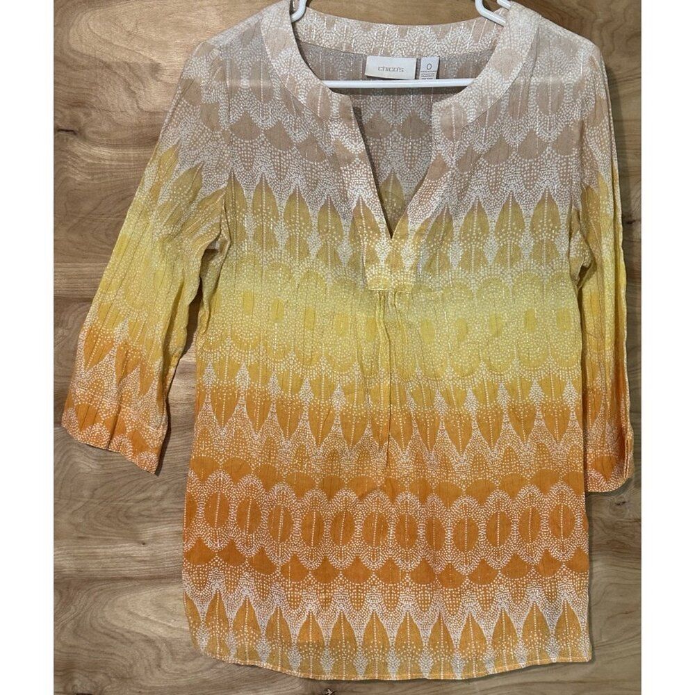 Chico's Small Ombre Metallic Southwestern Boho Tunic Top Boho Yellow